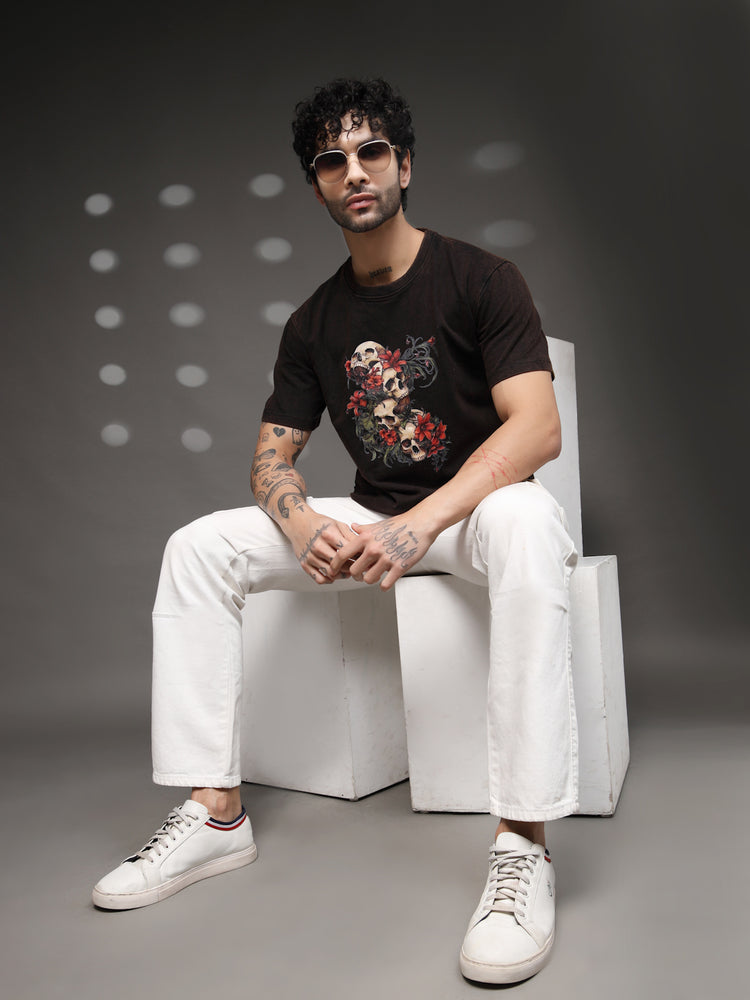 Men's Skull Floral Acid-Wash Tee