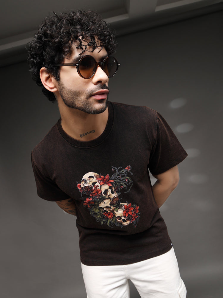 Men's Skull Floral Acid-Wash Tee