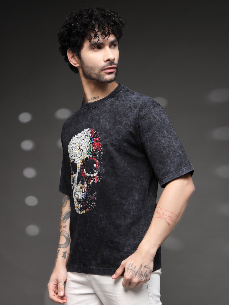 Black Acid Wash Skull Tee