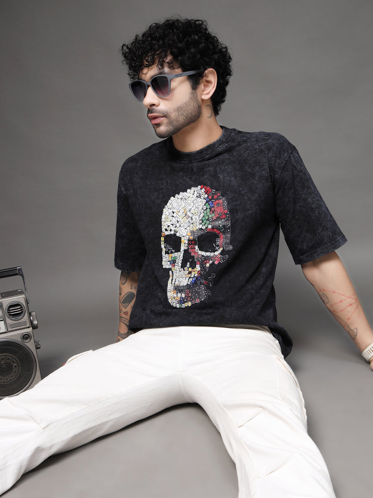Black Acid Wash Skull Tee