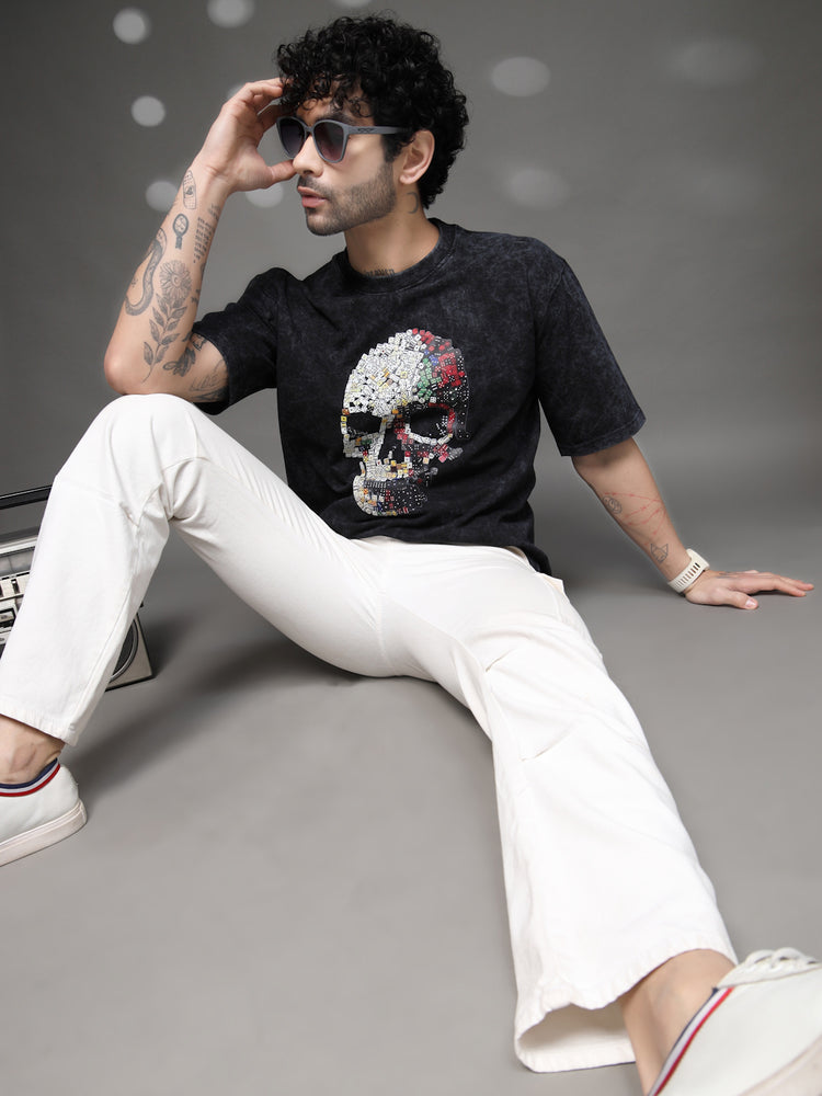 Black Acid Wash Skull Tee