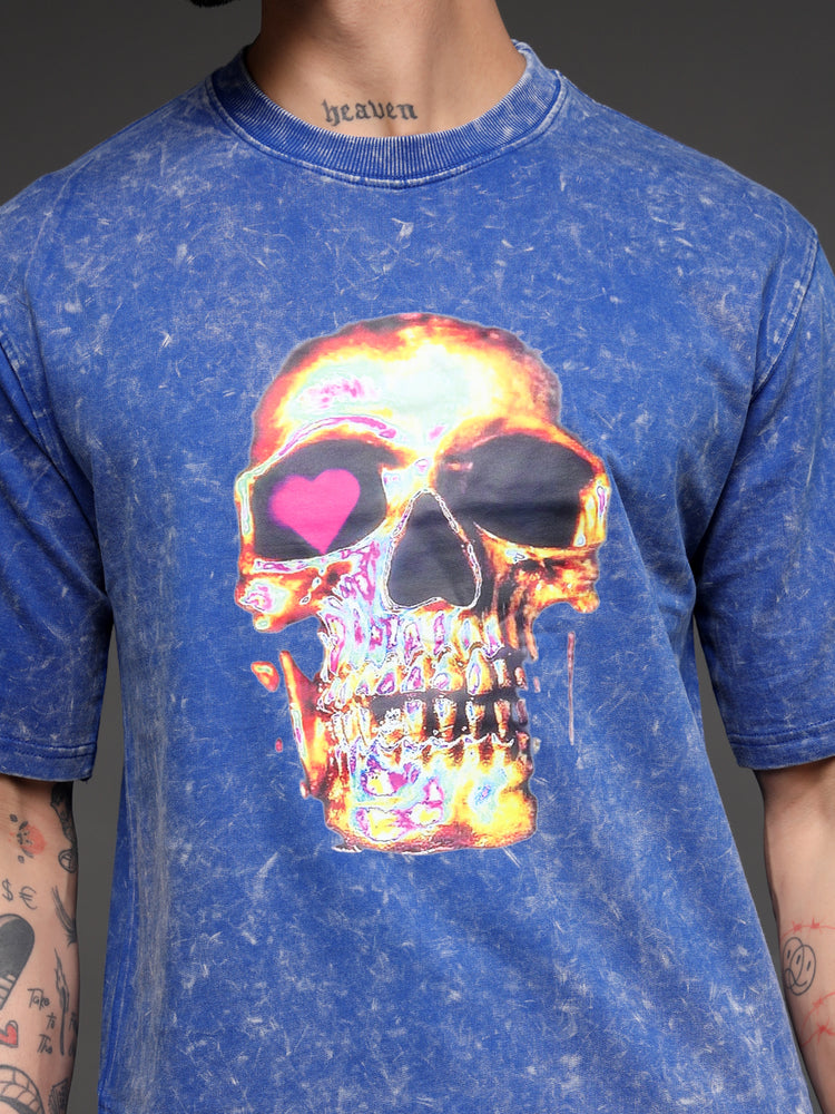 Men's Blue Acid-Wash Skull Tee