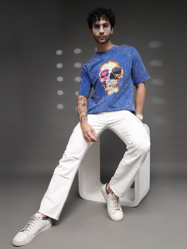 Men's Blue Acid-Wash Skull Tee