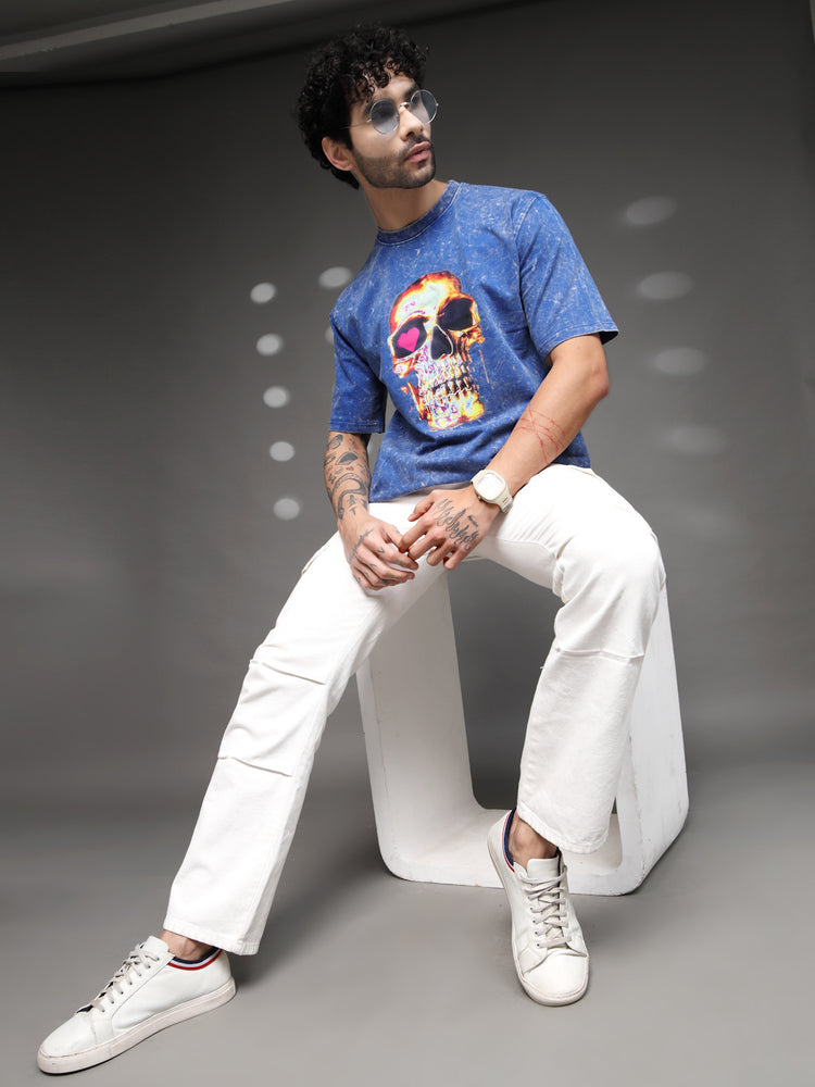 Men's Blue Acid-Wash Skull Tee