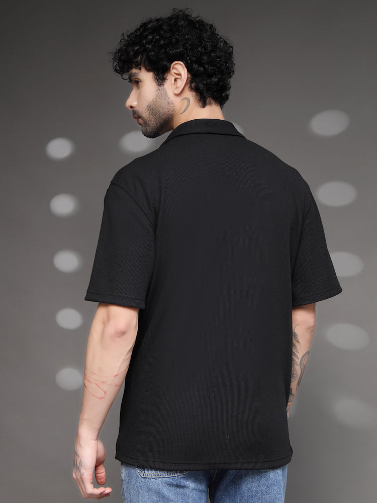 Black Waffle Knit Cuban Shirt