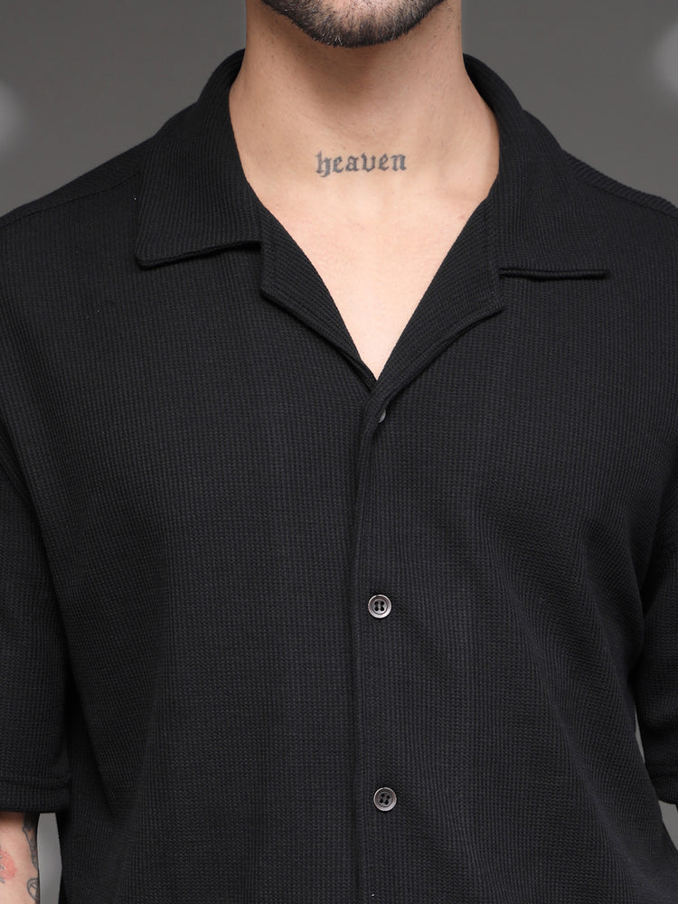 Black Waffle Knit Cuban Shirt