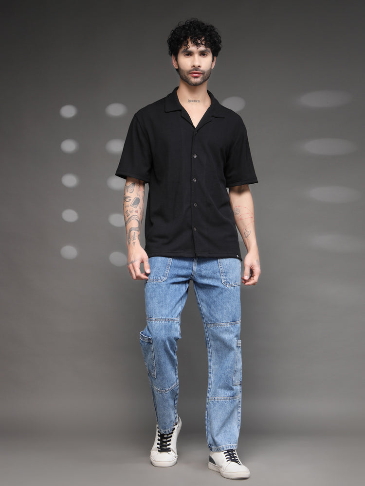 Black Waffle Knit Cuban Shirt