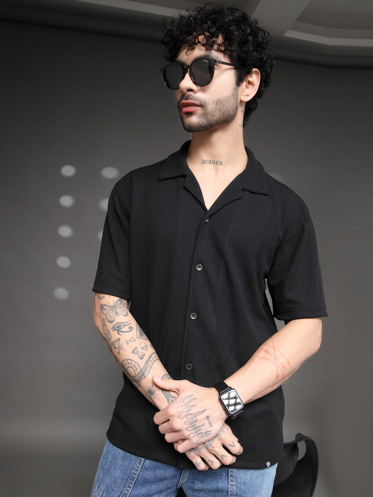 Black Waffle Knit Cuban Shirt