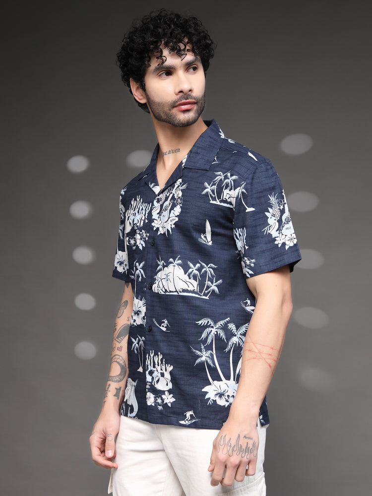 Men's Navy Tropical Cuban Shirt