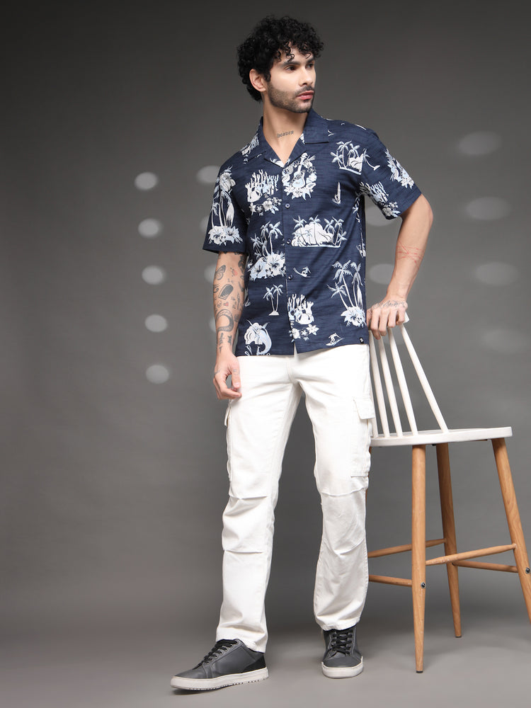Men's Navy Tropical Cuban Shirt