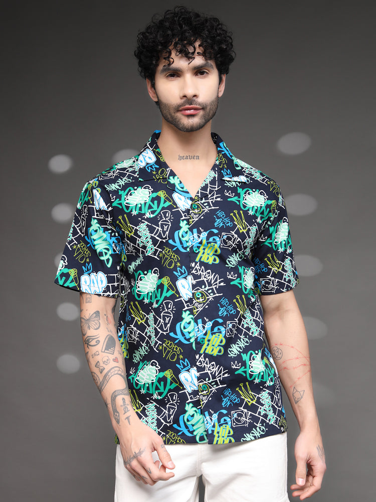Men's Graffiti Print Cuban Shirt