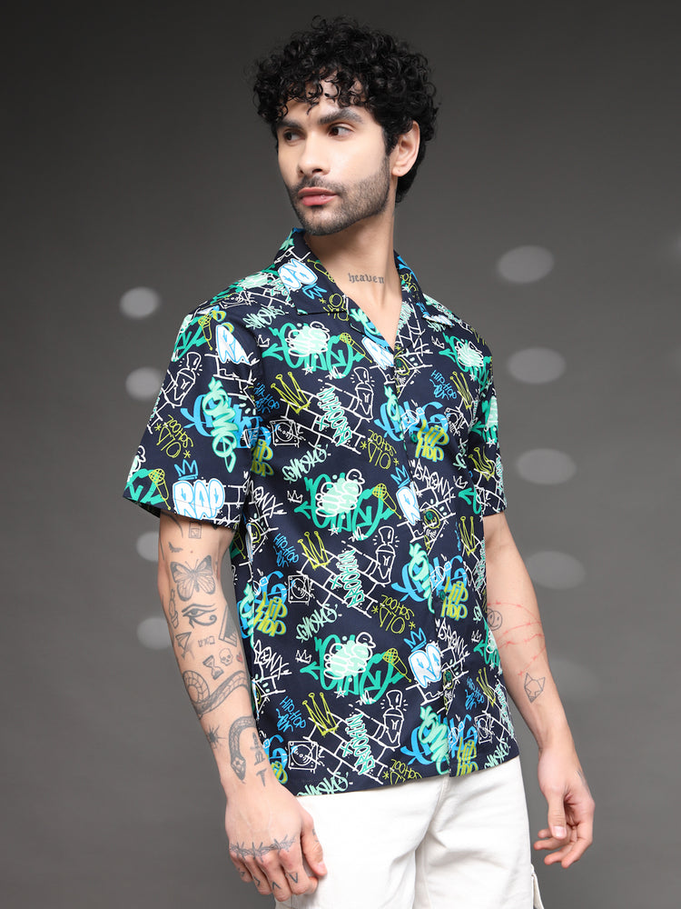 Men's Graffiti Print Cuban Shirt
