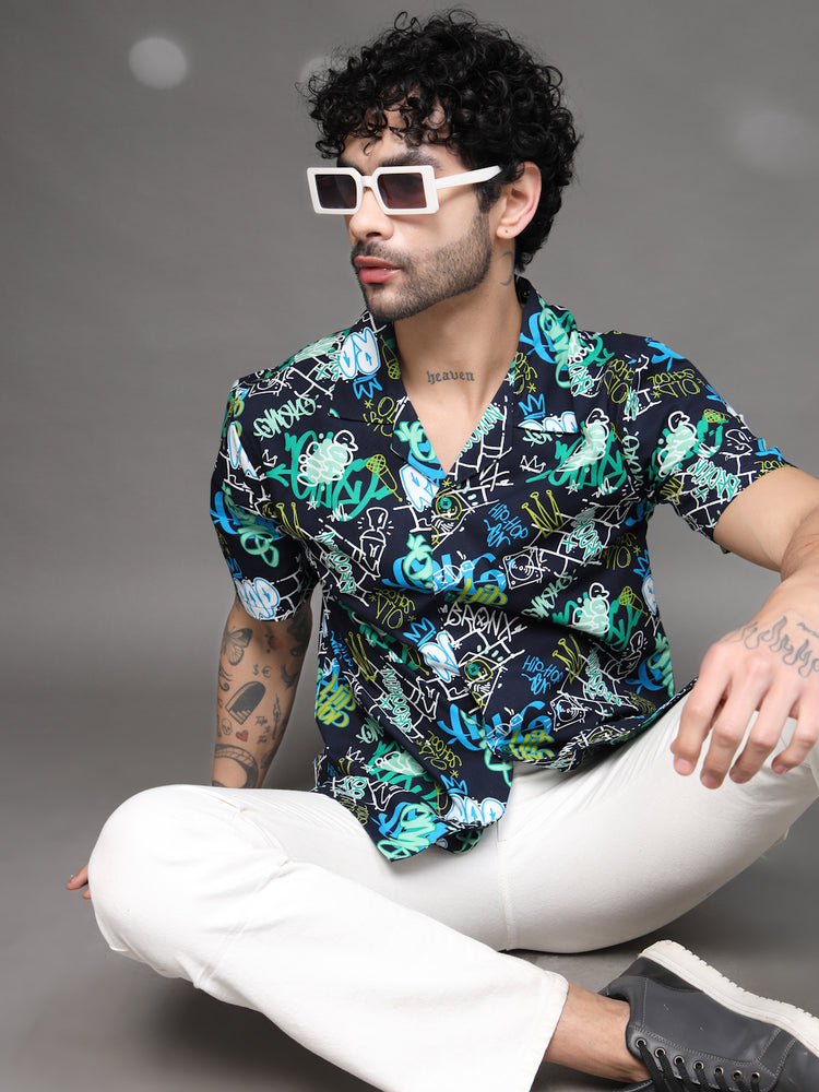 Men's Graffiti Print Cuban Shirt
