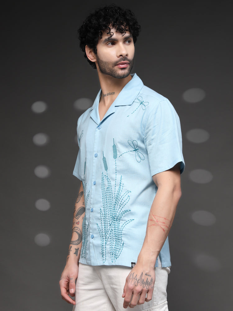 Men's Blue Dragonfly Embroidered Shirt