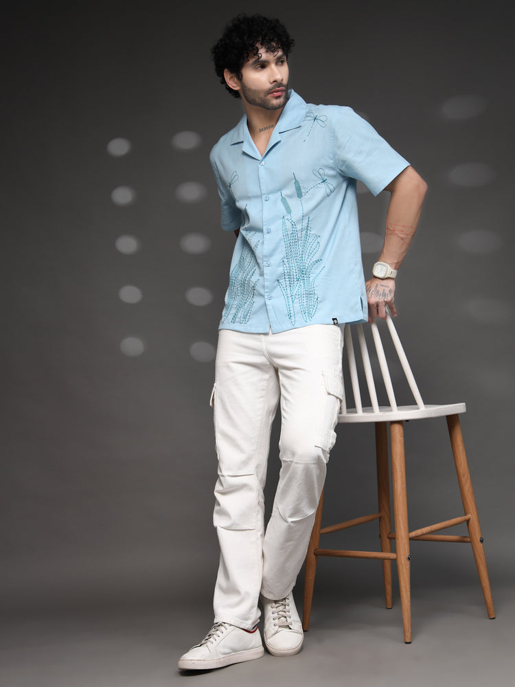 Men's Blue Dragonfly Embroidered Shirt