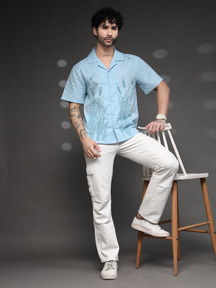 Men's Blue Dragonfly Embroidered Shirt