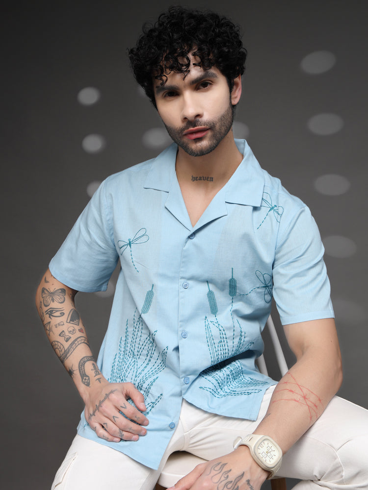 Men's Blue Dragonfly Embroidered Shirt