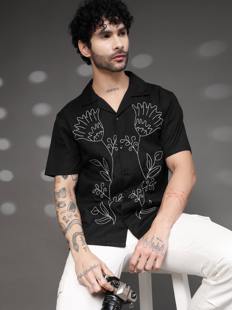 Men's Black Floral Embroidered Shirt