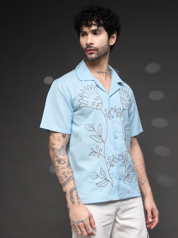 Men's Blue Floral Embroidered Shirt