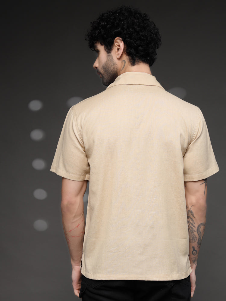 Beige Tattoo Graphic Cuban Shirt