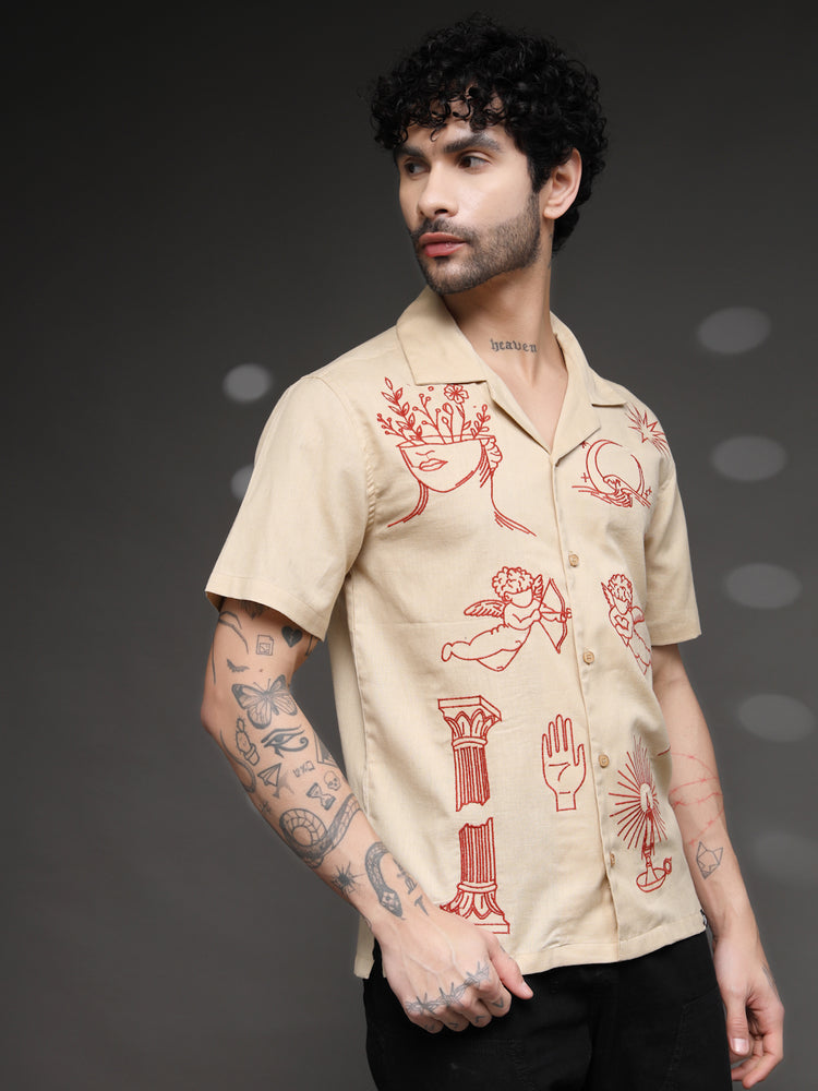 Beige Tattoo Graphic Cuban Shirt