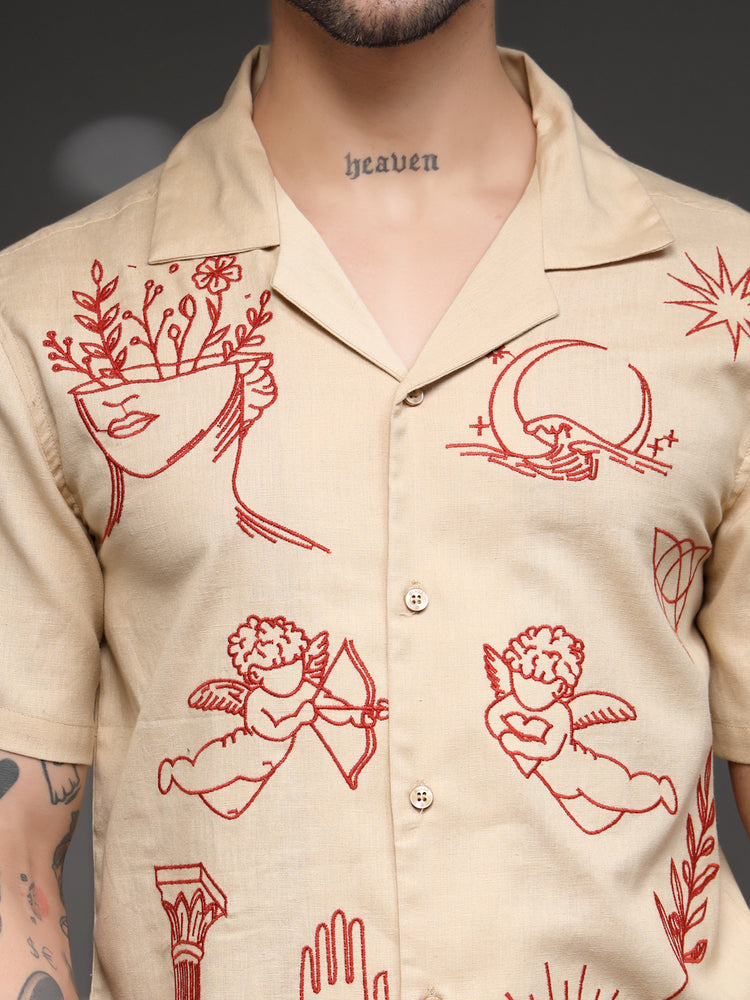 Beige Tattoo Graphic Cuban Shirt