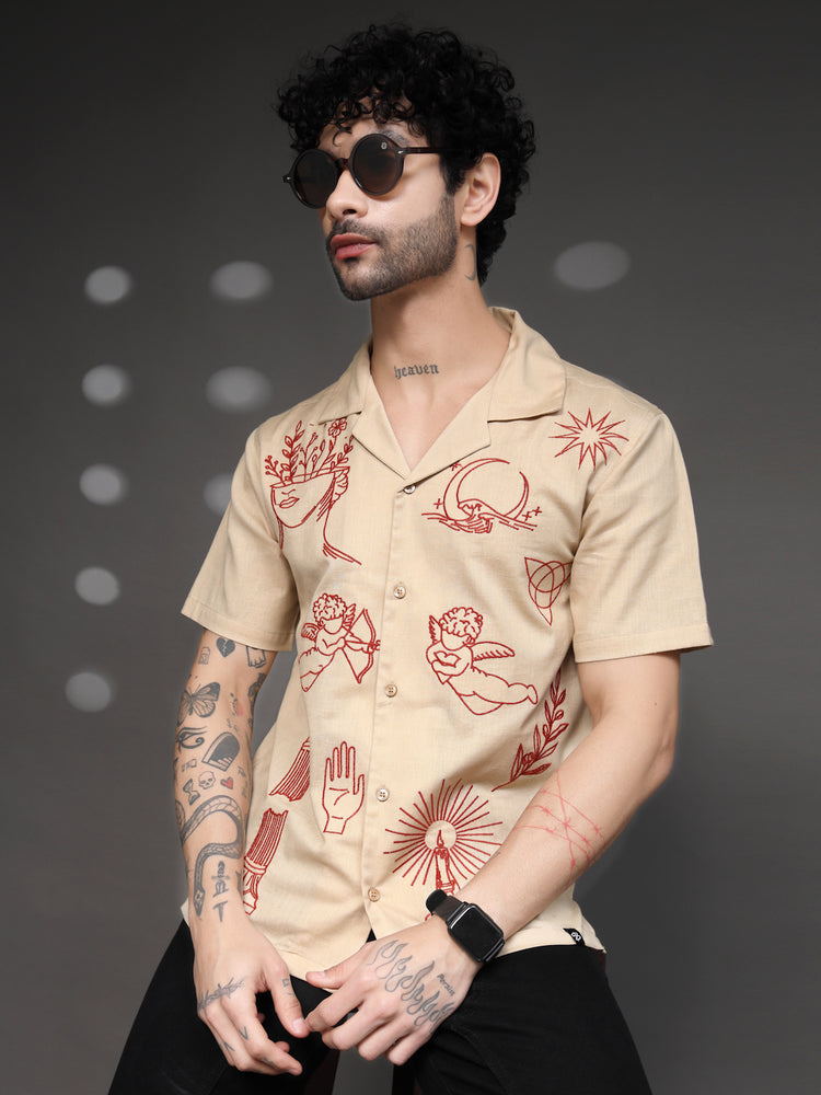 Beige Tattoo Graphic Cuban Shirt