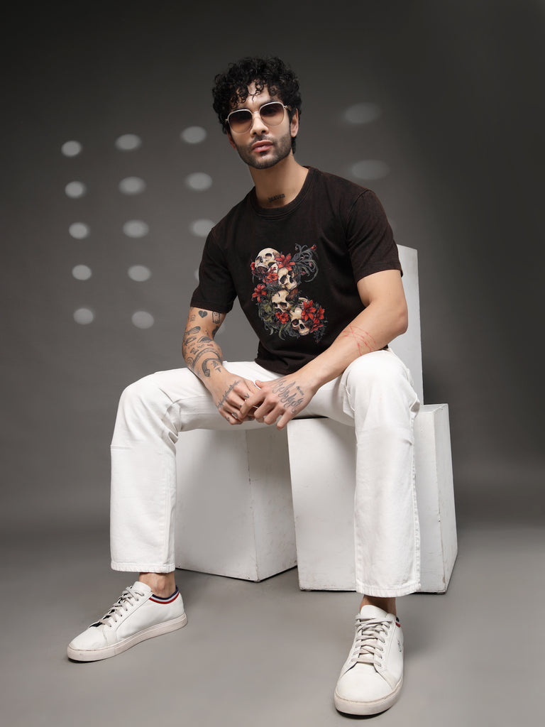 Men's Skull Floral Acid-Wash Tee