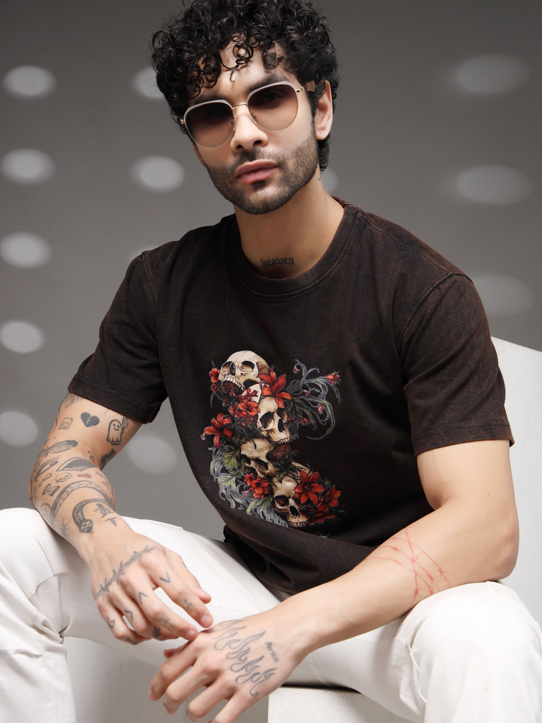 Men's Skull Floral Acid-Wash Tee