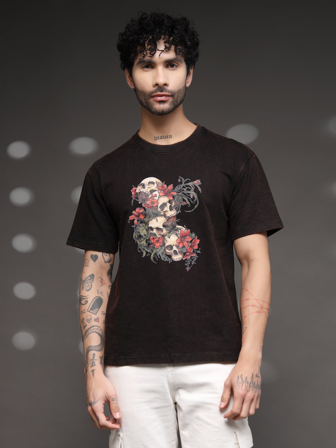 Men's Skull Floral Acid-Wash Tee