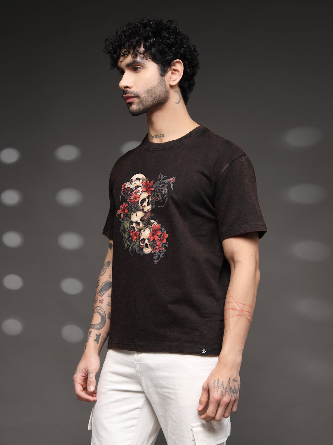 Men's Skull Floral Acid-Wash Tee