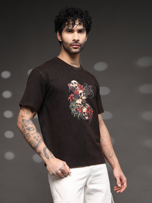 Men's Skull Floral Acid-Wash Tee