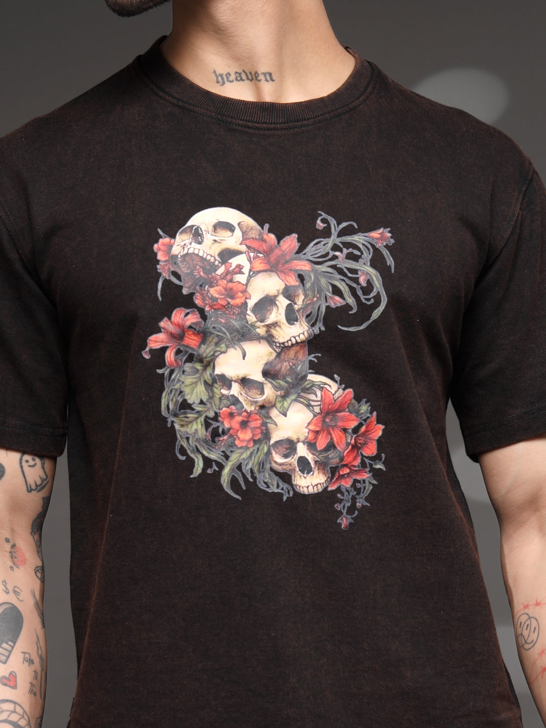 Men's Skull Floral Acid-Wash Tee