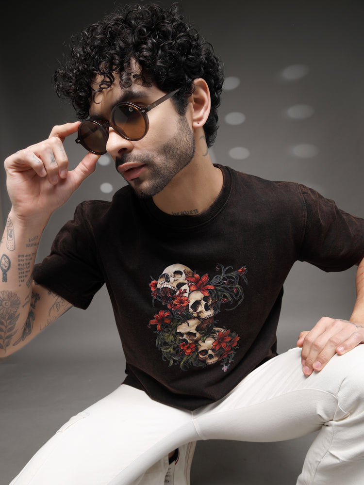 Men's Skull Floral Acid-Wash Tee