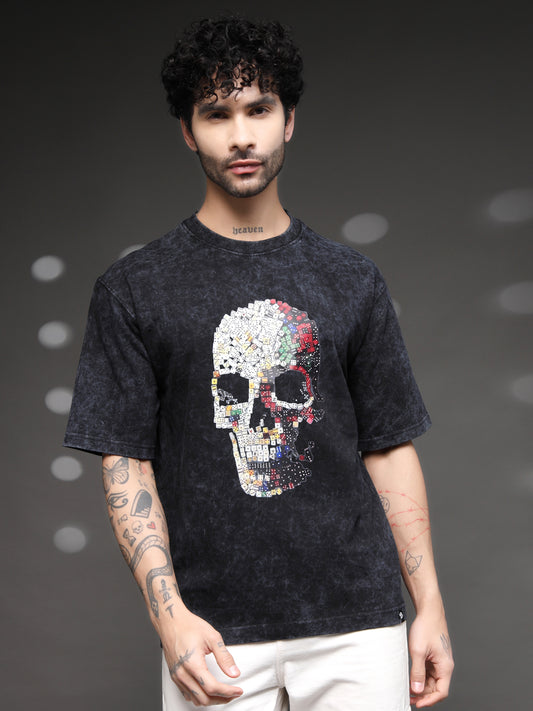 Black Acid Wash Skull Tee
