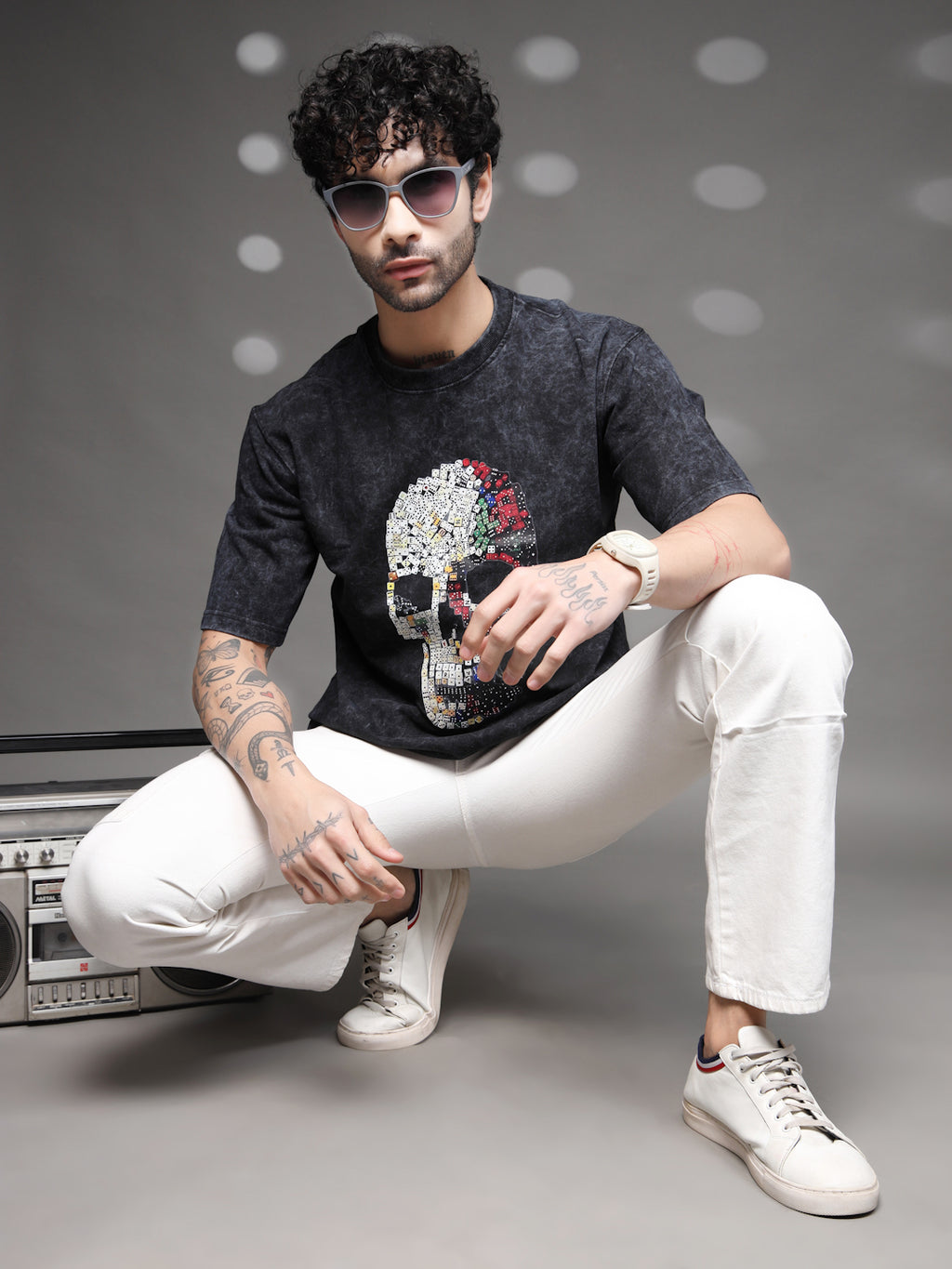 Black Acid Wash Skull Tee