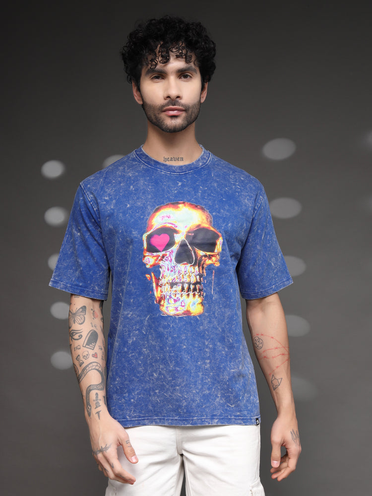 Men's Blue Acid-Wash Skull Tee