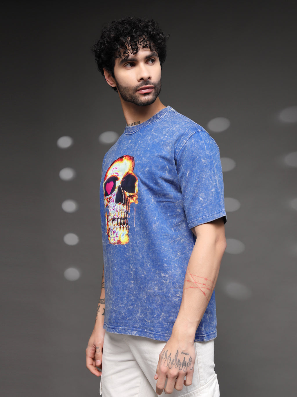 Men's Blue Acid-Wash Skull Tee