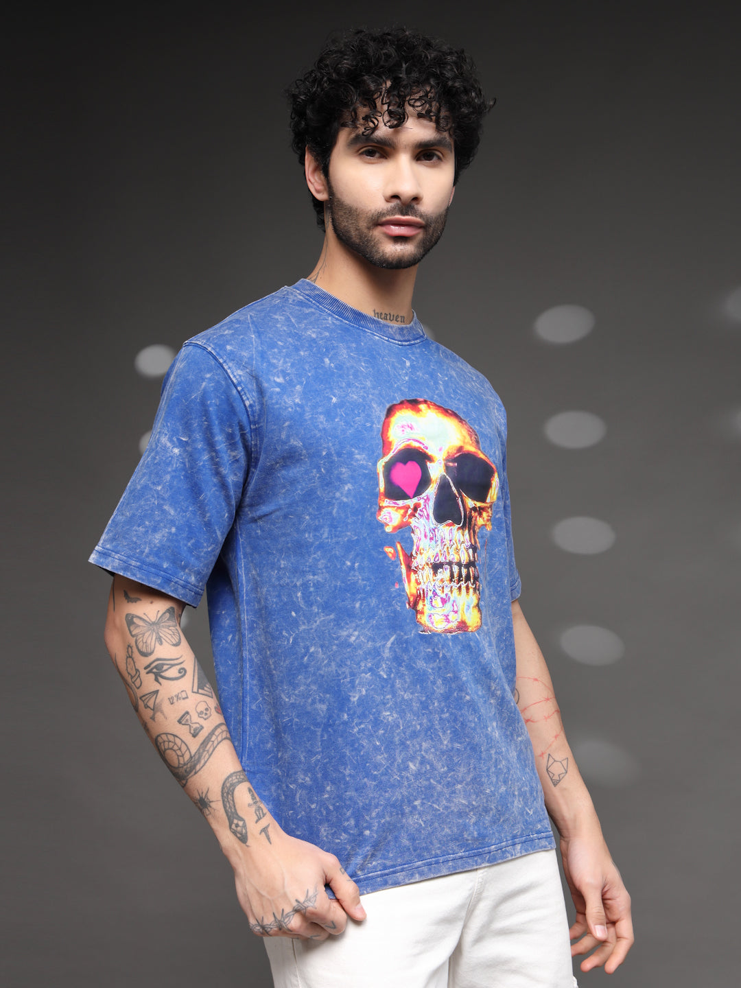 Men's Blue Acid-Wash Skull Tee