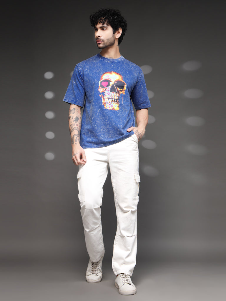 Men's Blue Acid-Wash Skull Tee