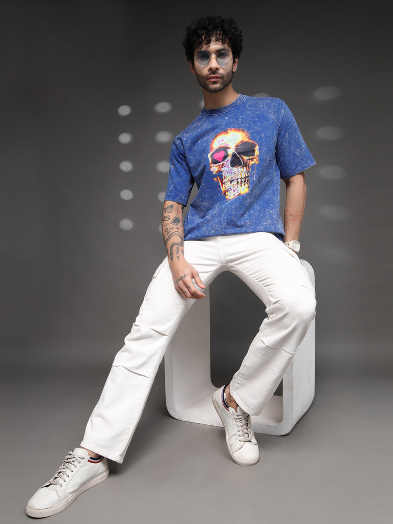 Men's Blue Acid-Wash Skull Tee