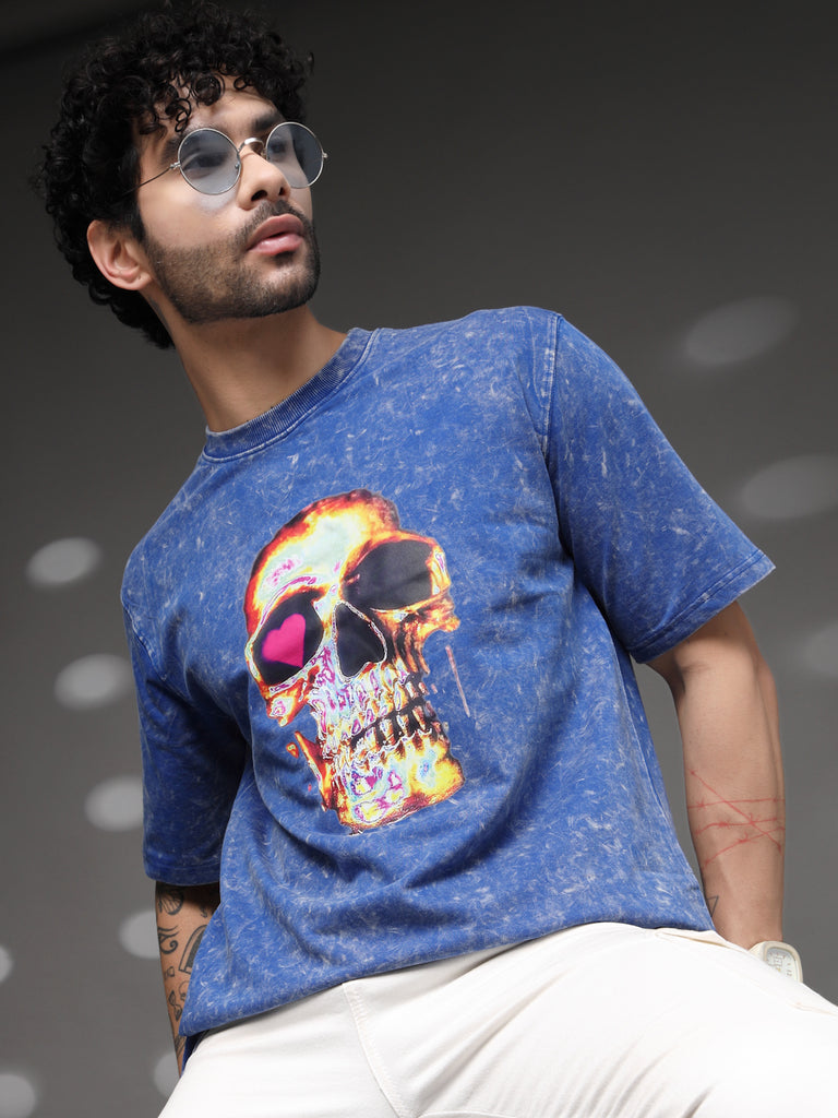 Men's Blue Acid-Wash Skull Tee