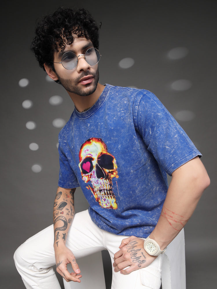 Men's Blue Acid-Wash Skull Tee