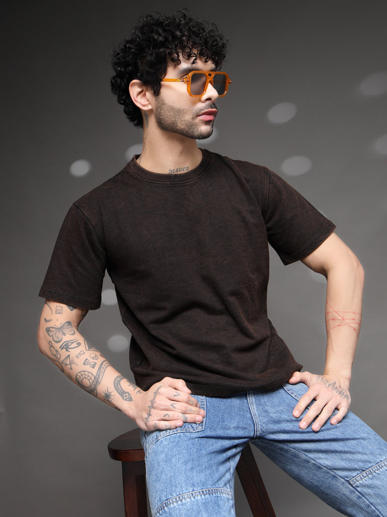 Brown Fadded Acid Wash T-Shirt