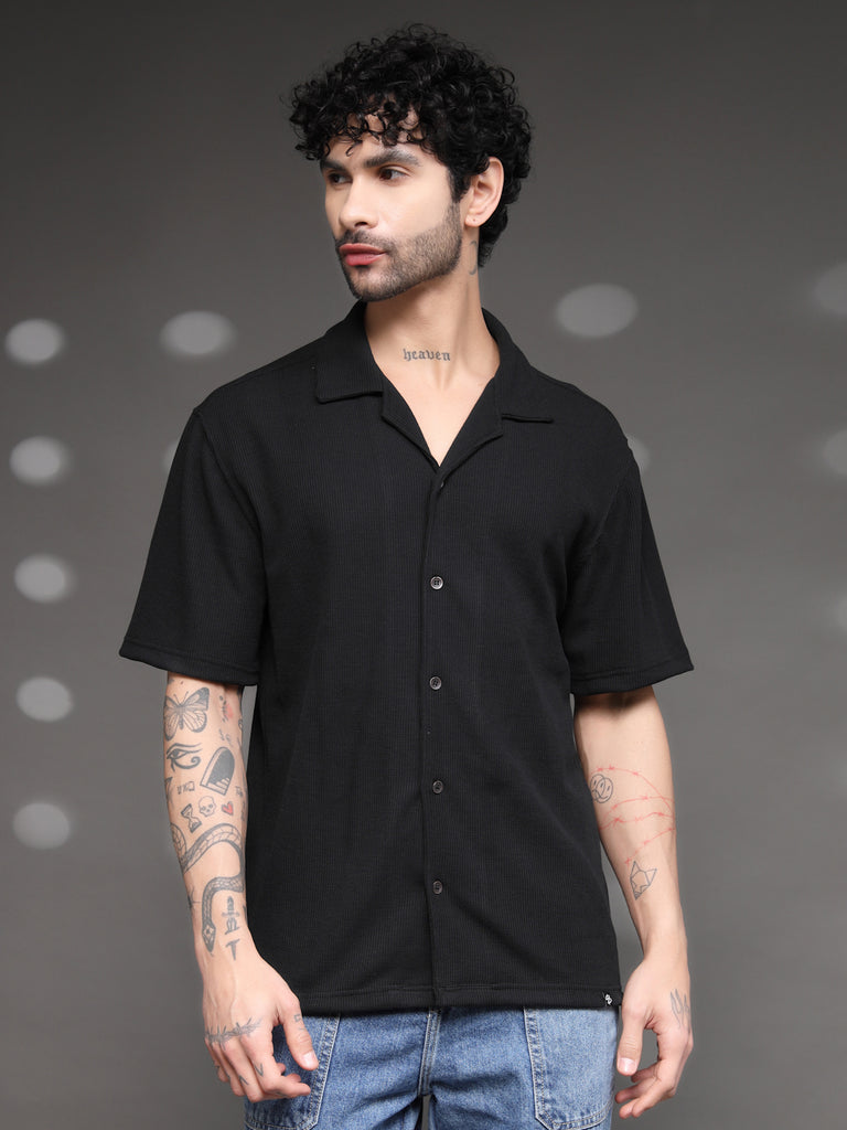 Black Waffle Knit Cuban Shirt