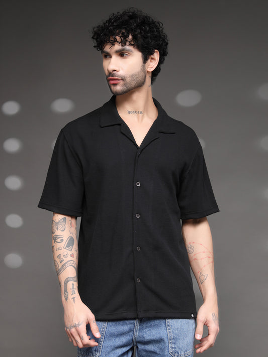 Black Waffle Knit Cuban Shirt