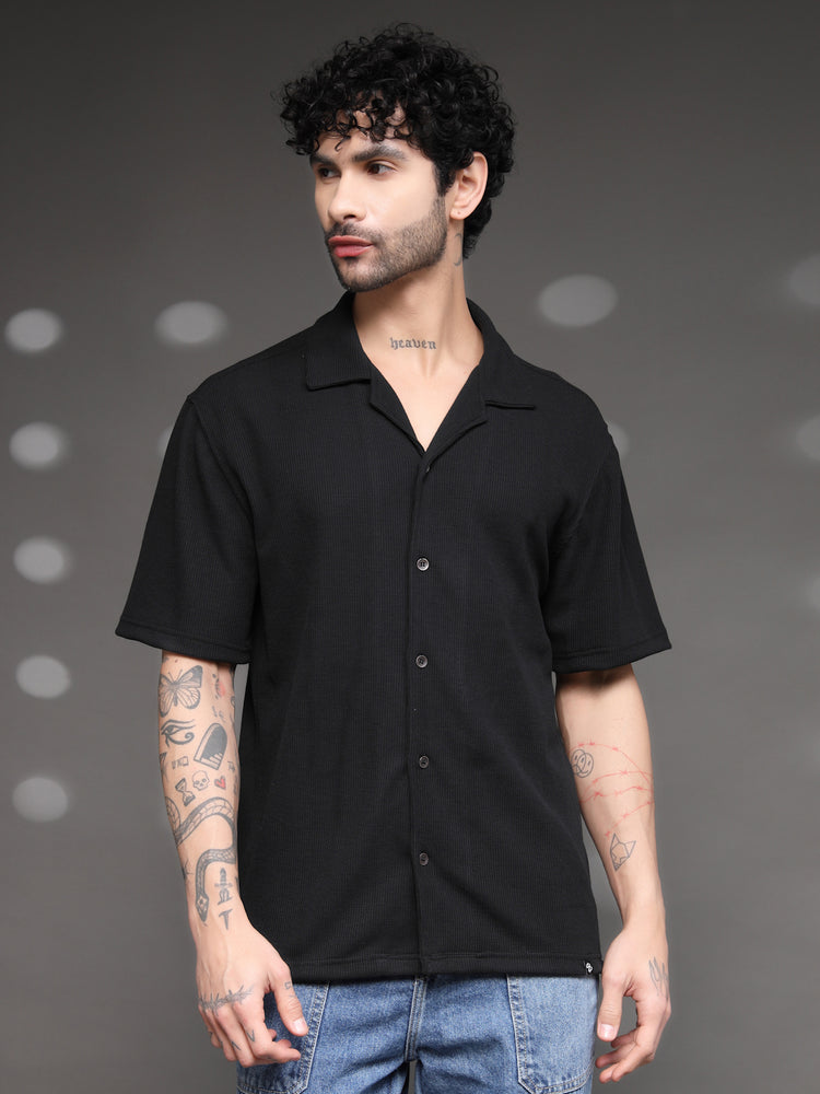 Black Waffle Knit Cuban Shirt