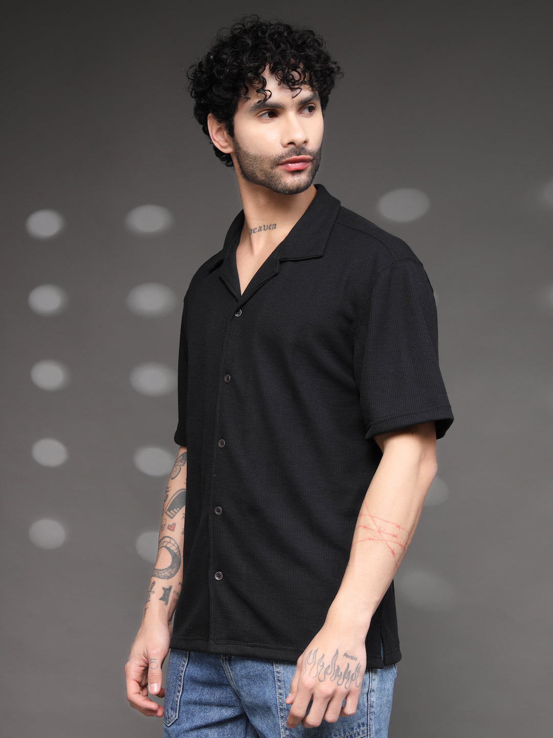 Black Waffle Knit Cuban Shirt