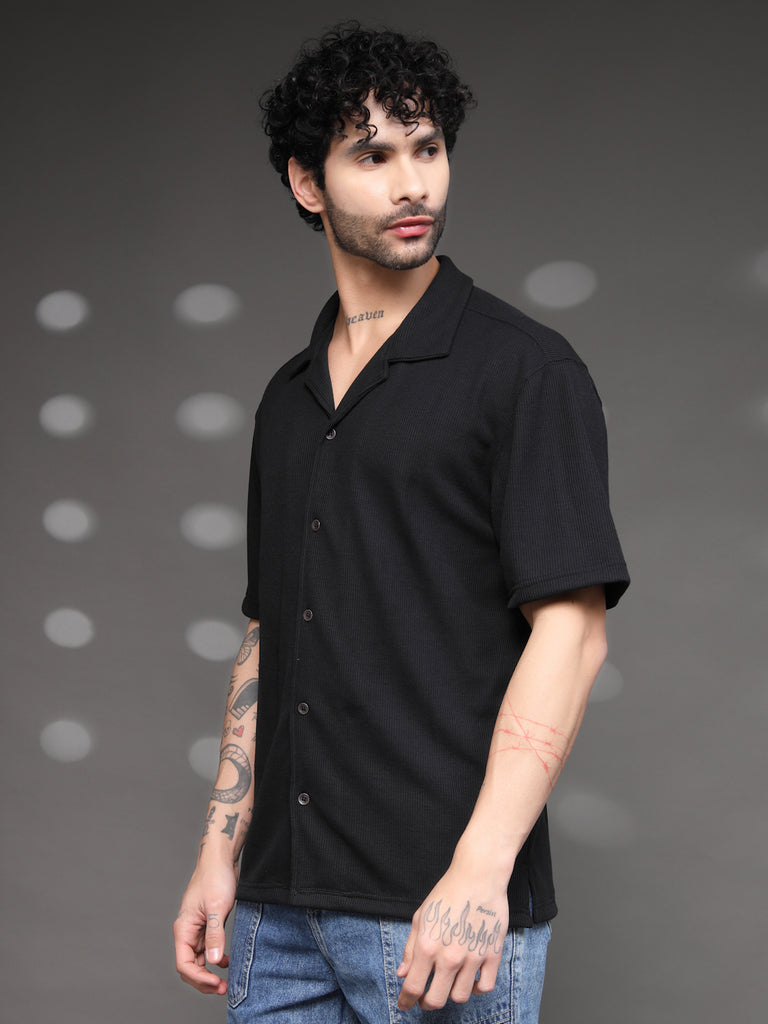 Black Waffle Knit Cuban Shirt