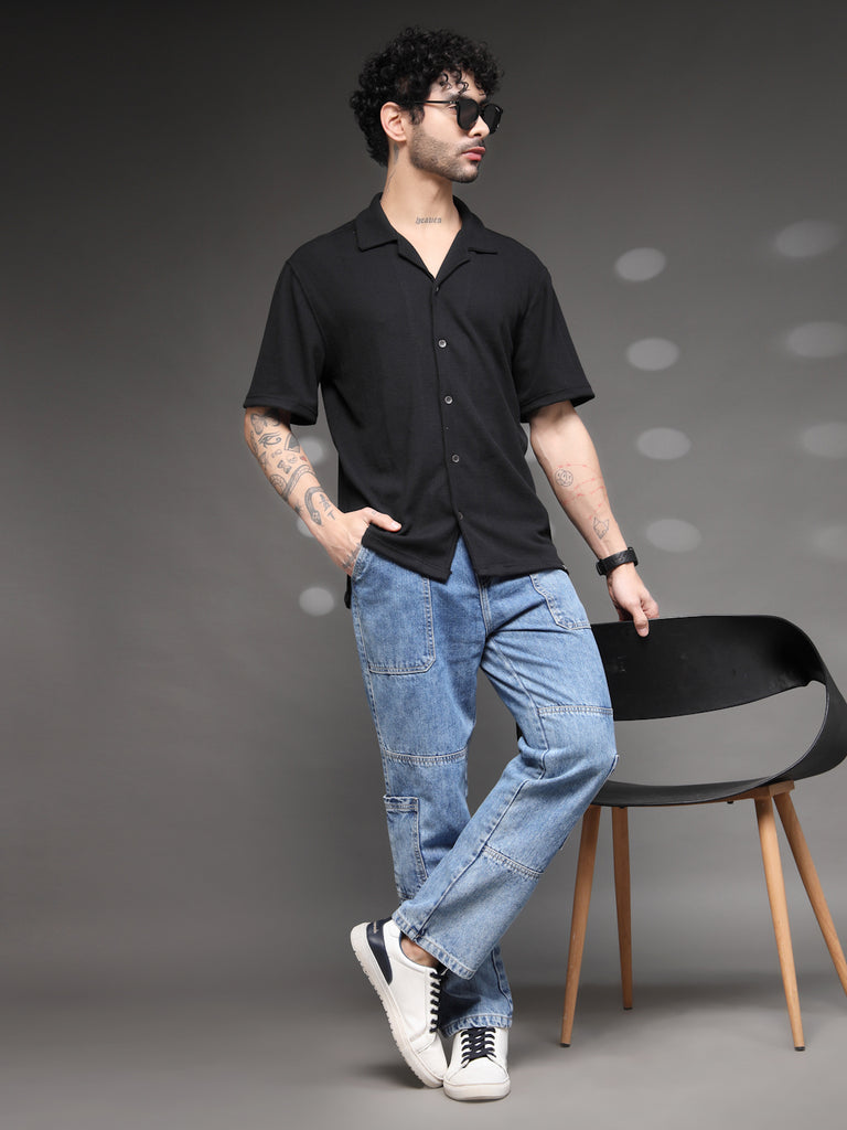 Black Waffle Knit Cuban Shirt